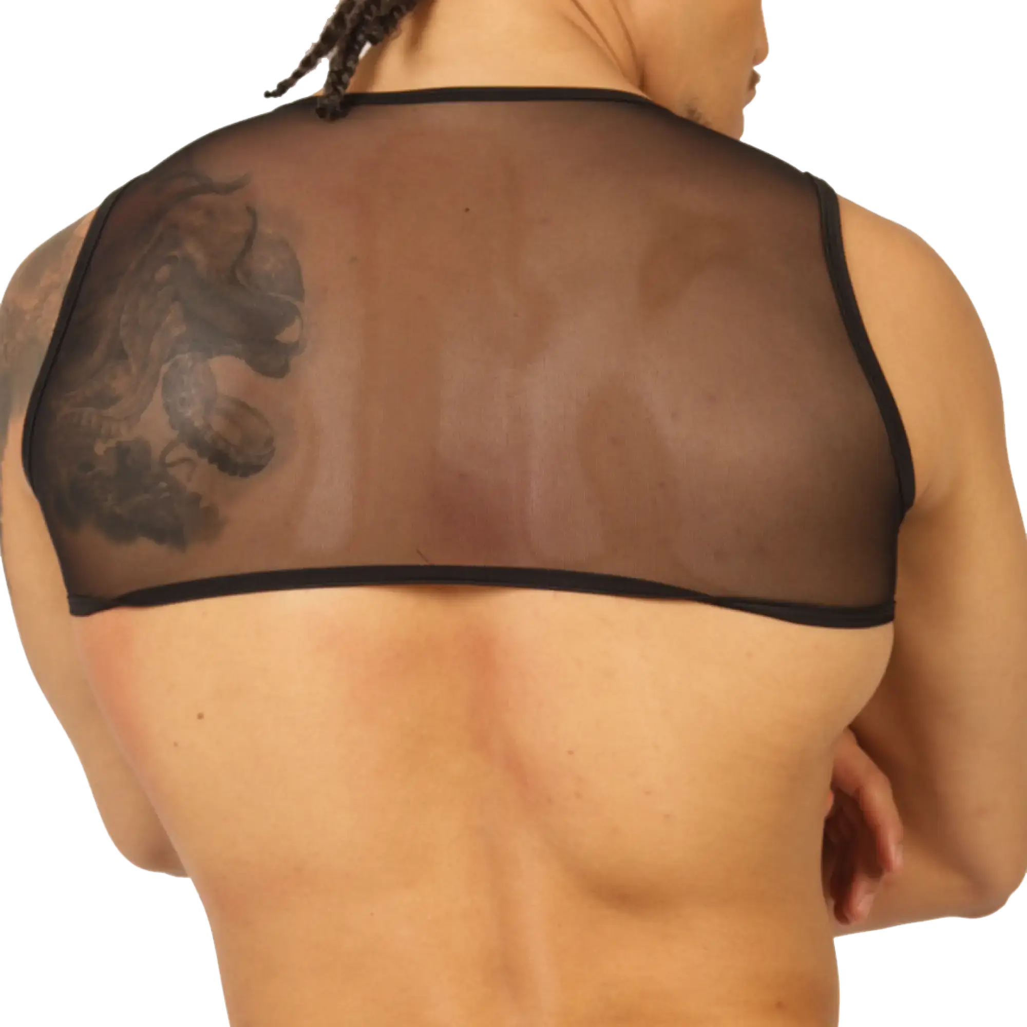 Black sheer mesh gigo universe vest harness with black trim showing front view