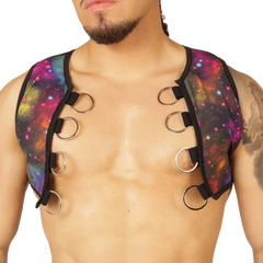 Vibrant galaxy-print neoprene vest harness with black straps and silver metal rings for secure fit