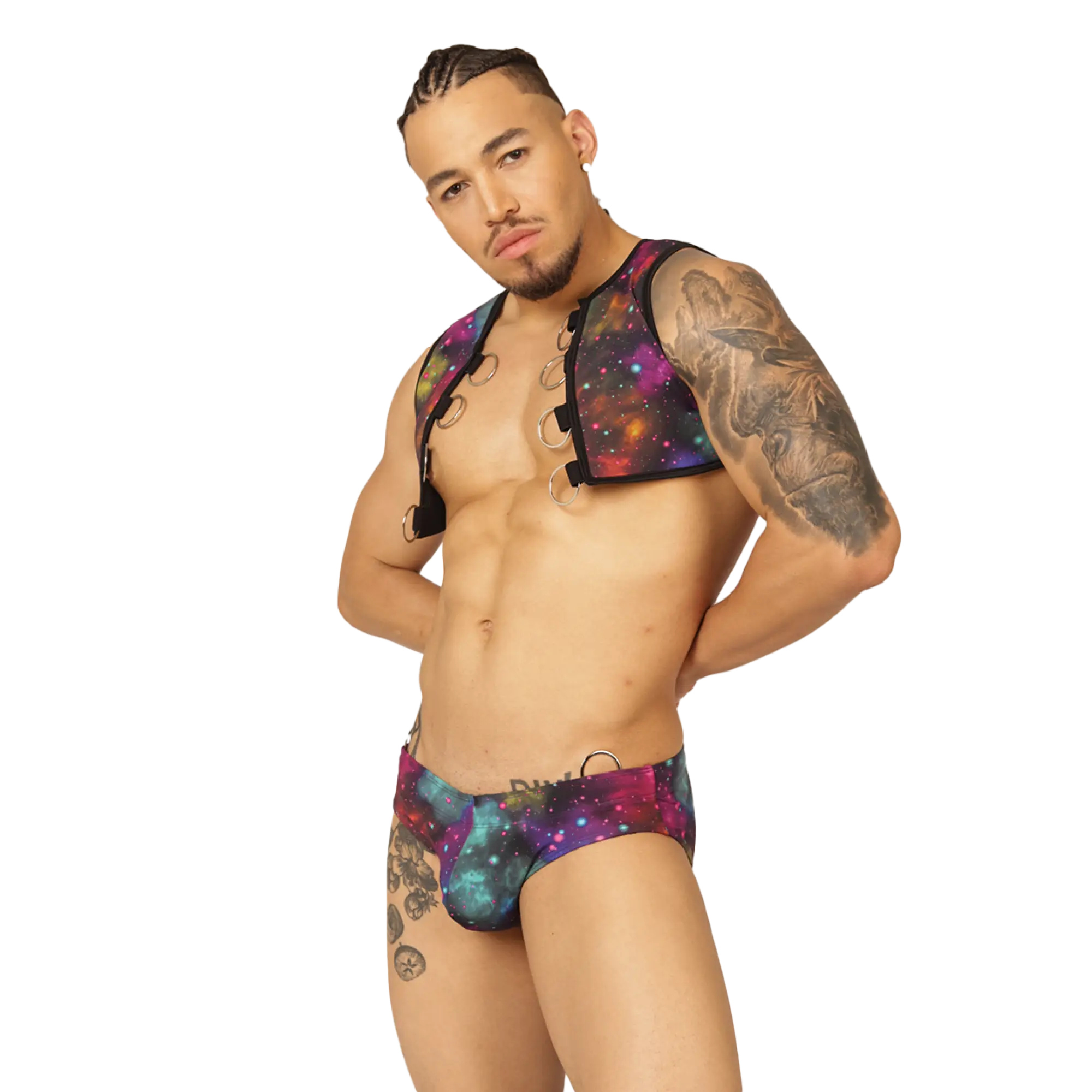 Vibrant galaxy-patterned gigo universe vest harness set with black straps and metallic rings for a bold look