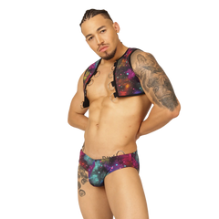 Vibrant galaxy-patterned gigo universe vest harness set with black straps and metallic rings for a bold look