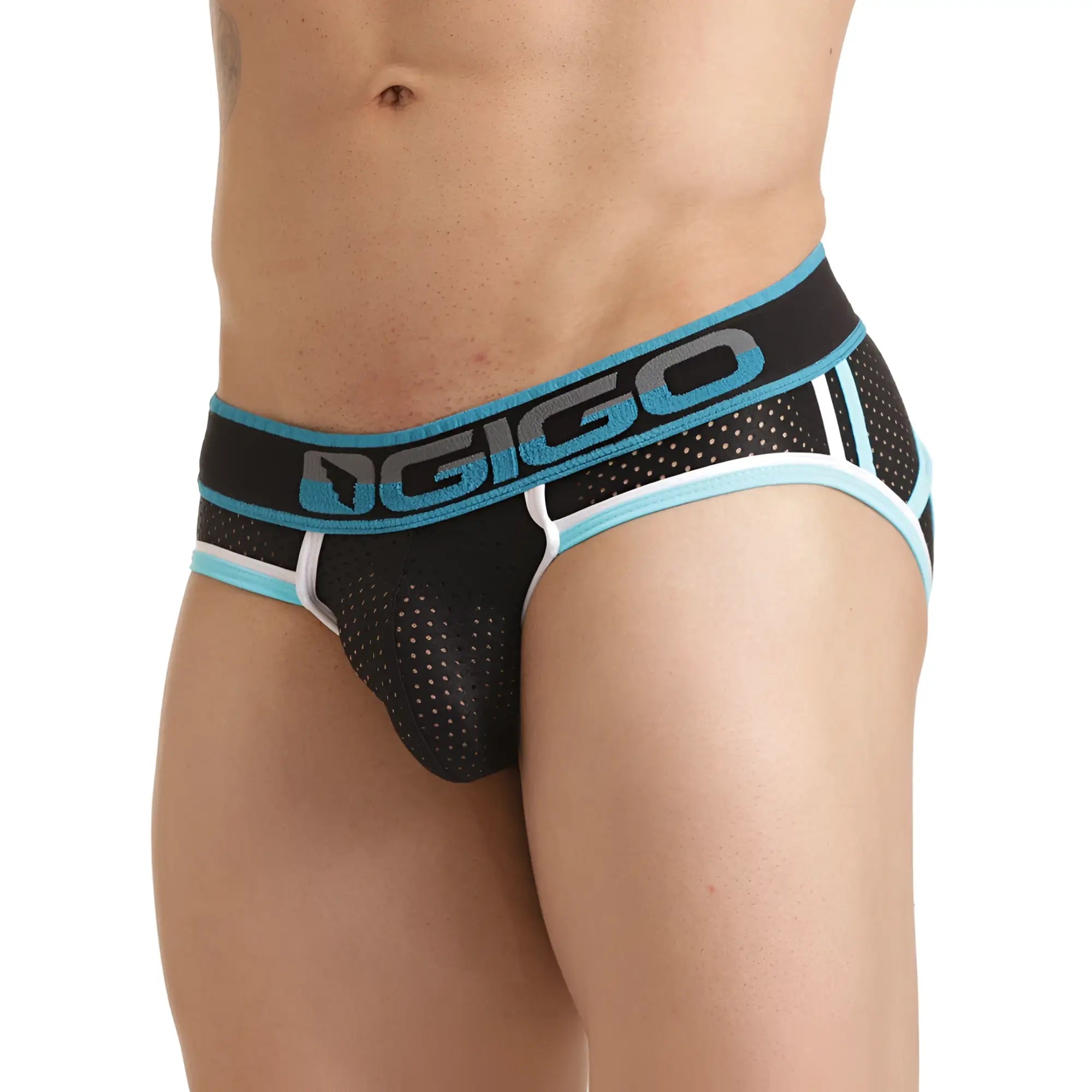 Black and teal mesh briefs with bold dgigo logo on waistband from gigo versatil blue brief jockstrap collection