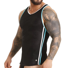 Black mesh tank top gigo versatil blue tank with teal and white striped side panels for active wear