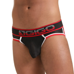 Black mesh gigo Versatil red brief jockstrap with red and white trim and bold dgigo logo on the waistband