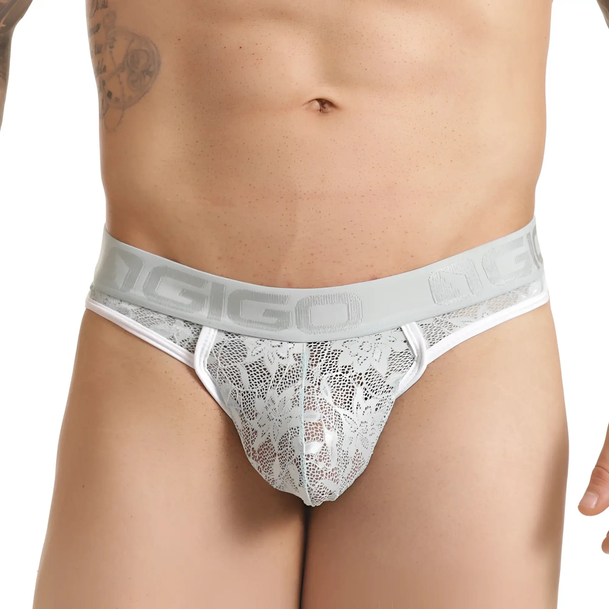 Gray lace thong with white trim and elastic waistband featuring nggo logo from gigo vibrant blue brief gstring collection