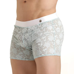 Gigo vibrant blue hotshort light blue lace boxer briefs with white elastic waistband and small metallic front button