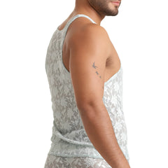 Light gray lace tank top with delicate floral pattern from Gigo vibrant blue tank collection