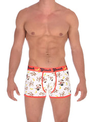 White boxer briefs with playful monkey and banana pattern and bright orange trim by ginch gonch size m