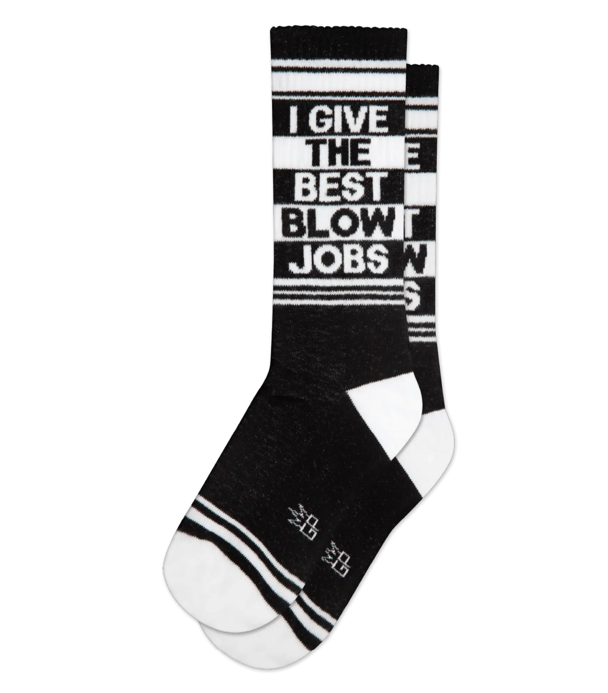 Black and white crew socks with bold i give the best blow jobs text and horizontal stripes on calf