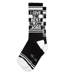 Black and white crew socks with bold i give the best blow jobs text and horizontal stripes on calf