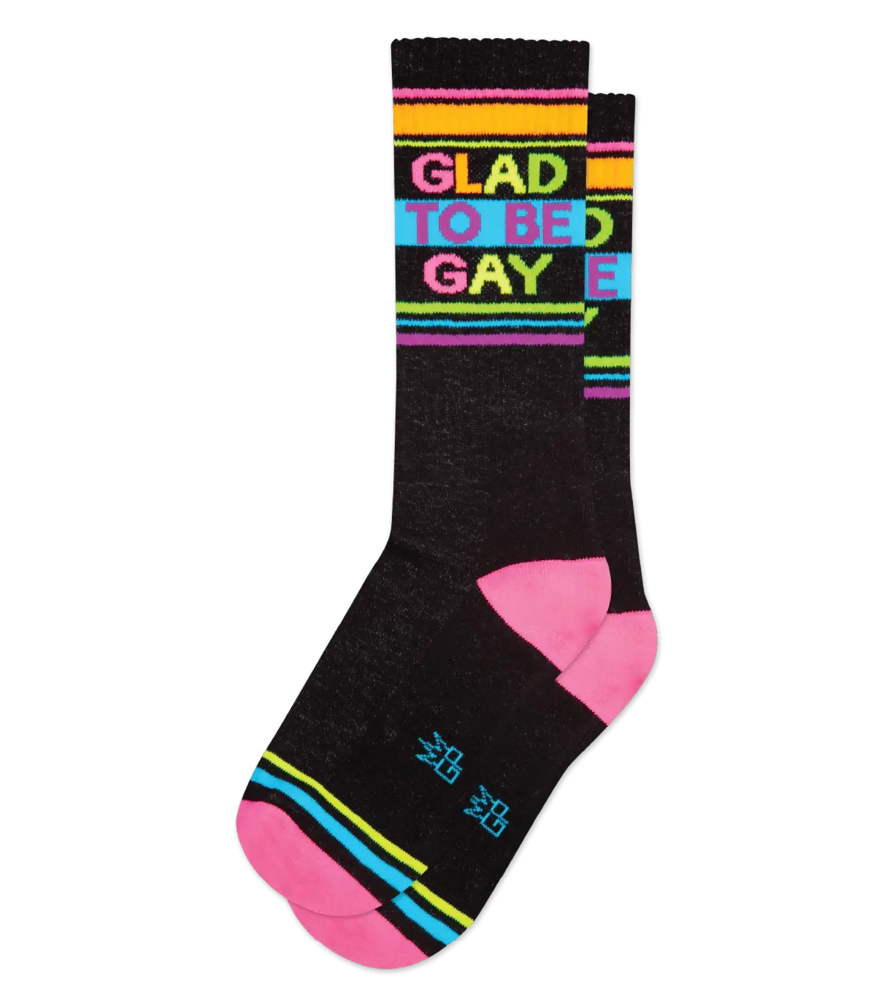 Black crew socks with vibrant rainbow stripes and bold colorful glad to be gay text across the top