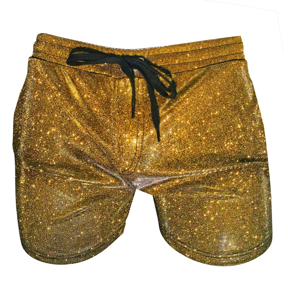 Glitter booty short featuring gold glitter fabric with a black drawstring waistband for a stylish look