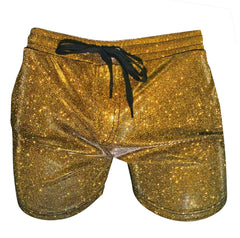Glitter booty short featuring gold glitter fabric with a black drawstring waistband for a stylish look