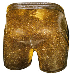 Golden glitter booty short with shimmering starry texture and metallic waistband for festive wear