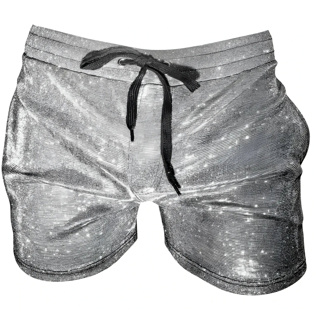 Shiny silver star patterned glitter booty short with black drawstring waistband made from glittery fabric