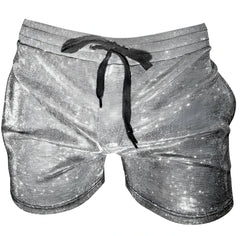 Shiny silver star patterned glitter booty short with black drawstring waistband made from glittery fabric