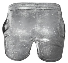 Sparkling silver sequined glitter booty short with textured fabric and elastic waistband for festive wear