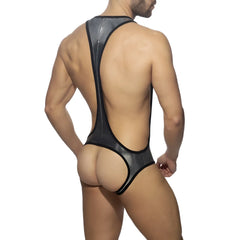 Black glossy latex glitter bottomless bodysuit with backless design and thin shoulder straps shown from the back side