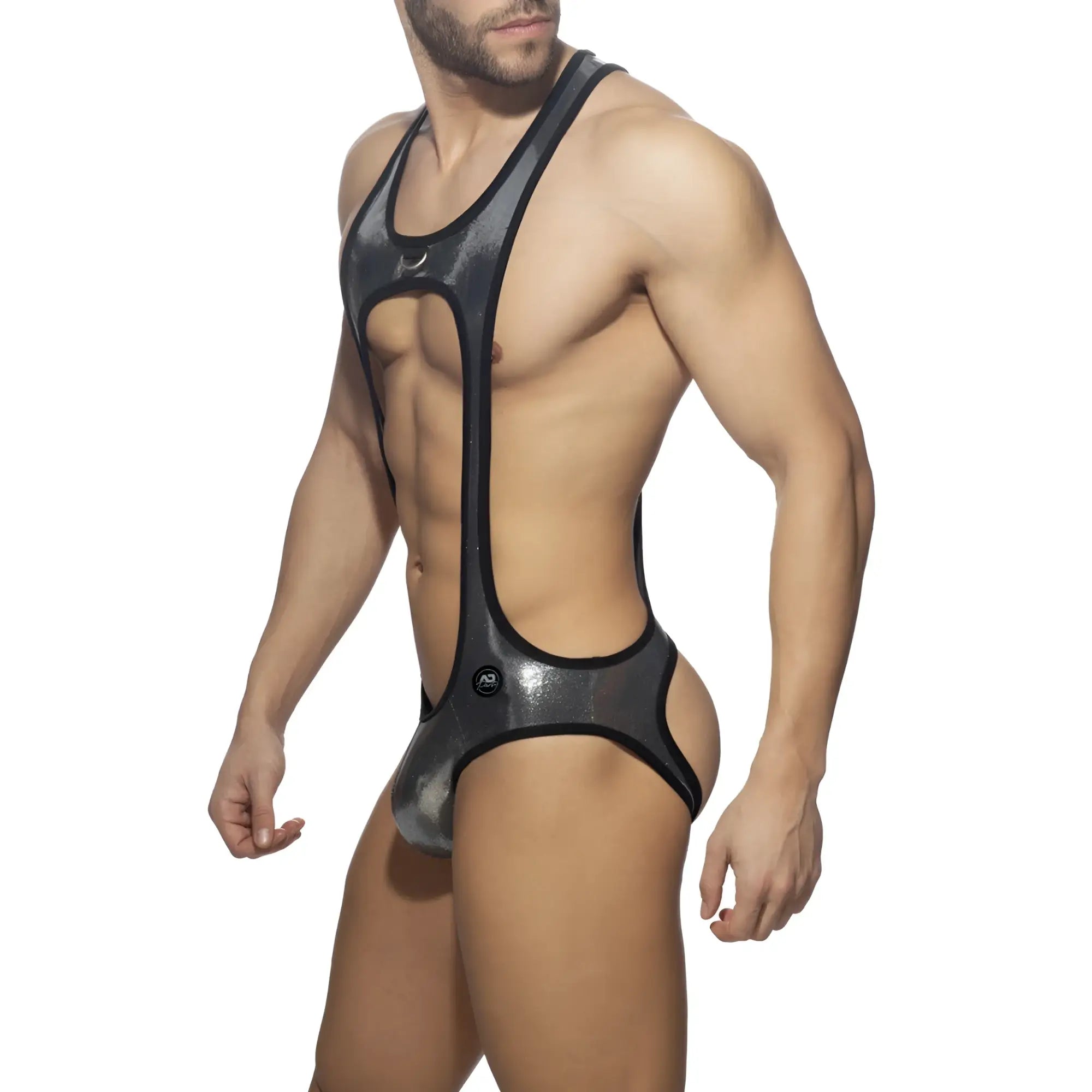 Black and silver metallic glitter bottomless bodysuit with sleek form-fitting design showing the back side