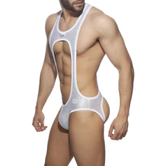 White transparent mesh glitter bottomless bodysuit with white trim and subtle glittery speckles