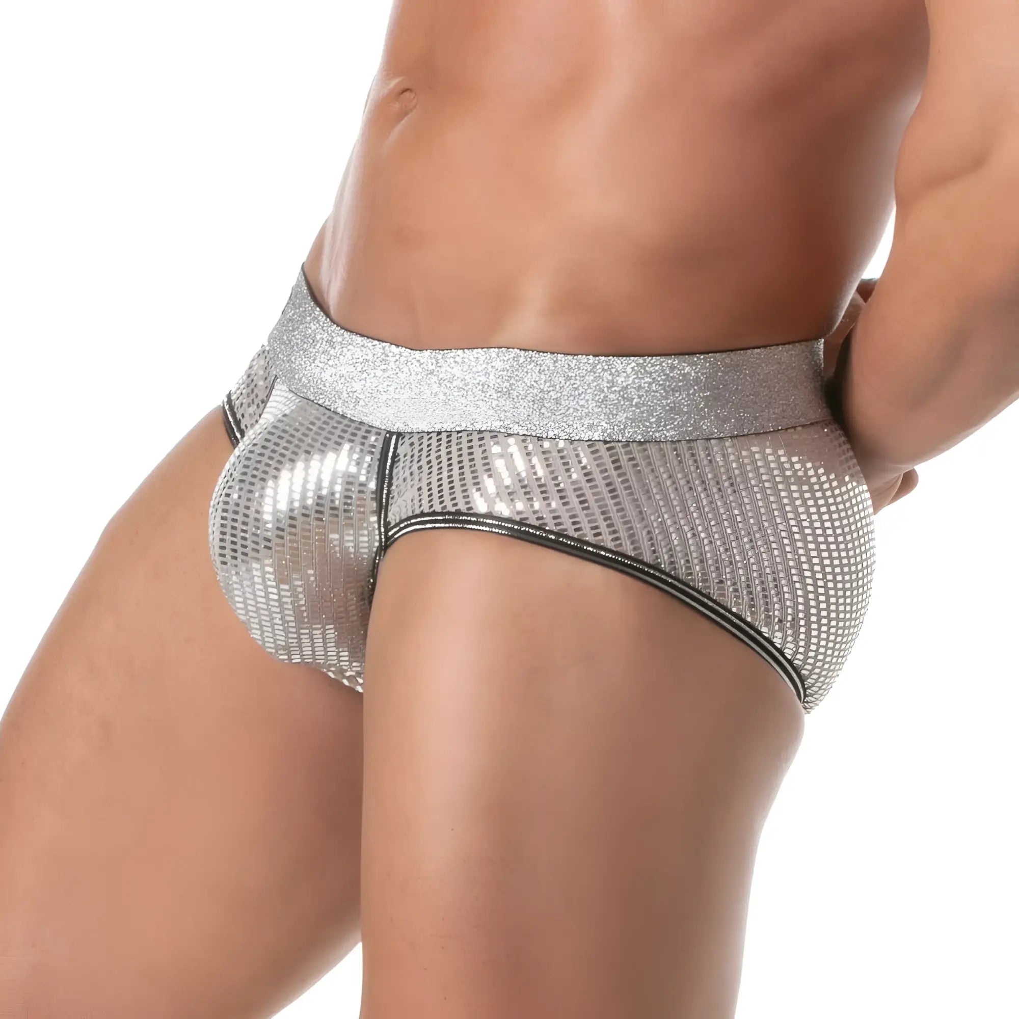 Silver sequined briefs with a glittery waistband and black trim in a glitter brief design
