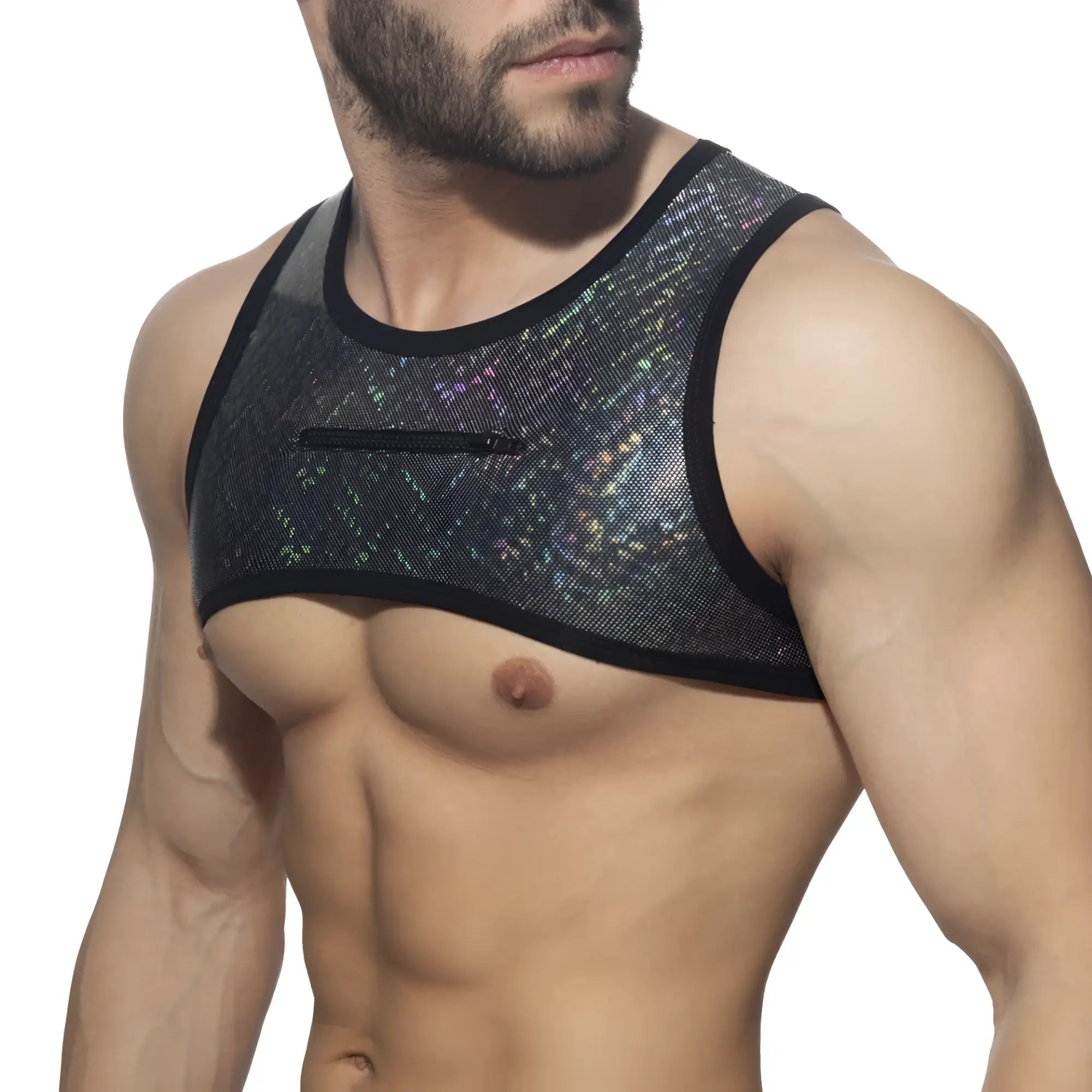 Black holographic mesh tank top glitter harness with zipper pocket for stylish edgy fashion wear