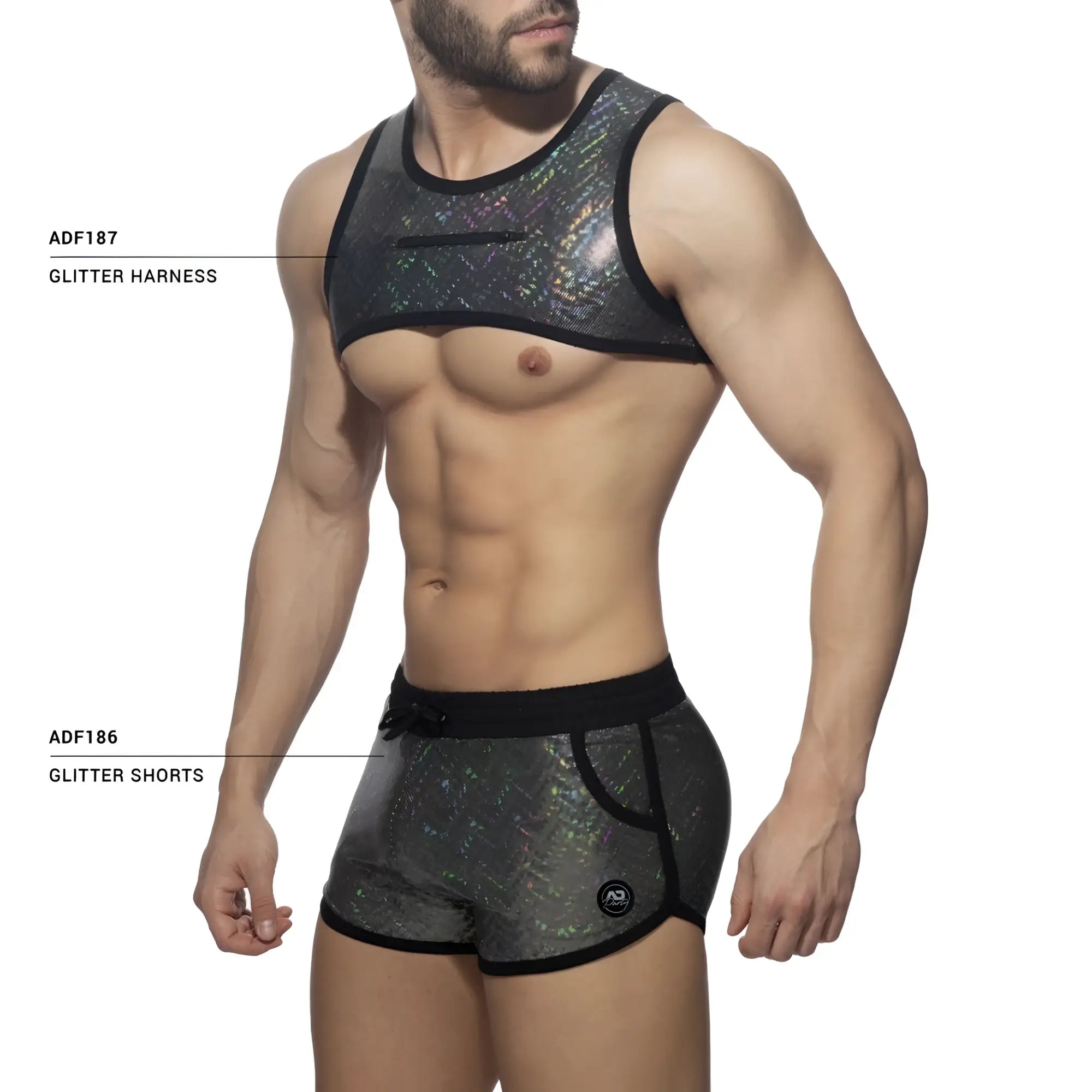 Glitter harness black and iridescent mesh glitter harness and matching shorts set shown from the front