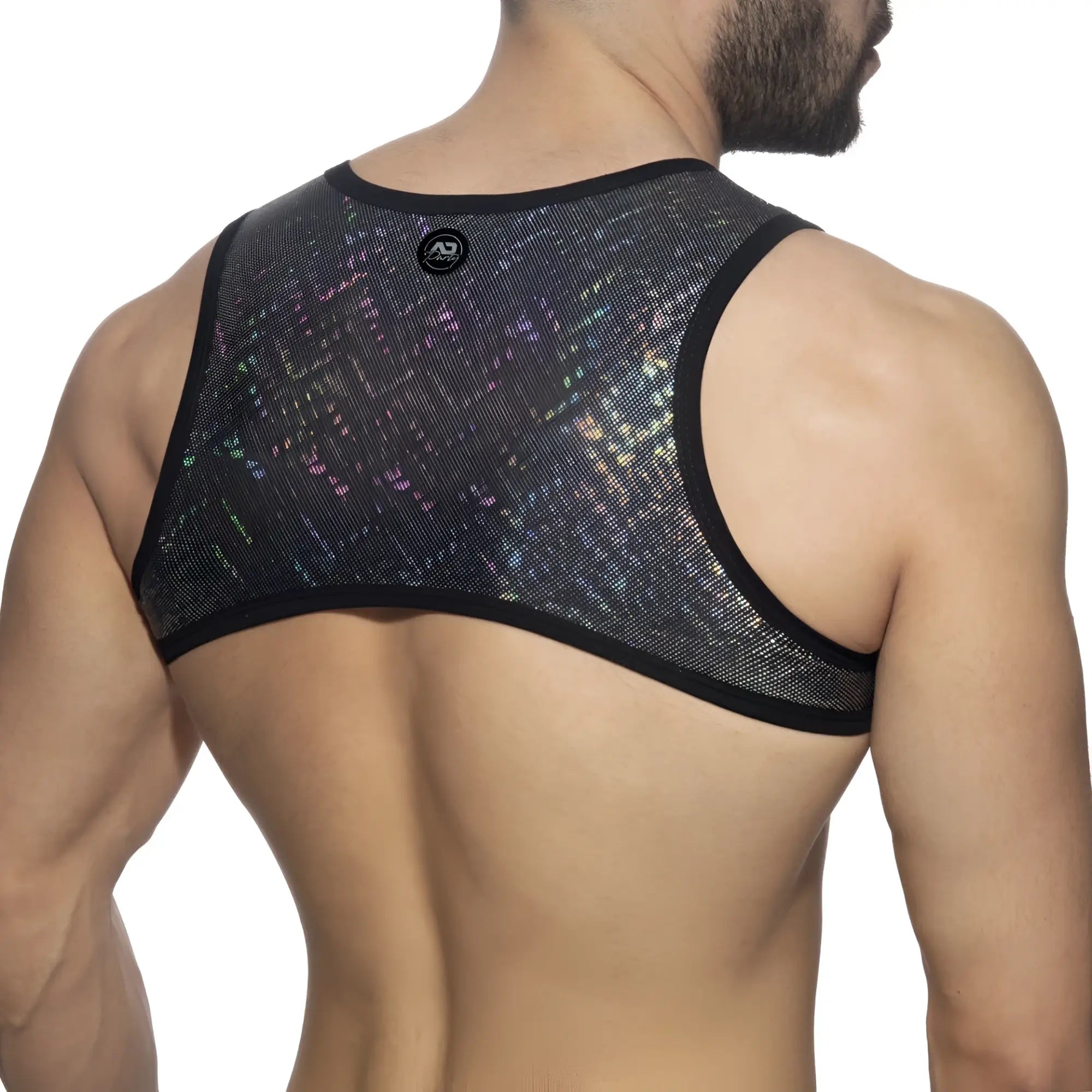 Black mesh tank top glitter harness with iridescent starry pattern and black trim