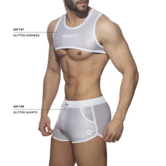 White glitter mesh harness and shorts set featuring a sparkling harness design and matching shorts for stylish wear