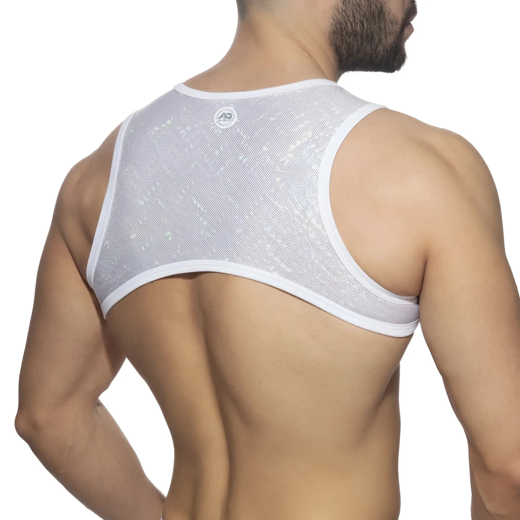 White mesh tank top glitter harness with subtle glittery texture and white trim for stylish layering