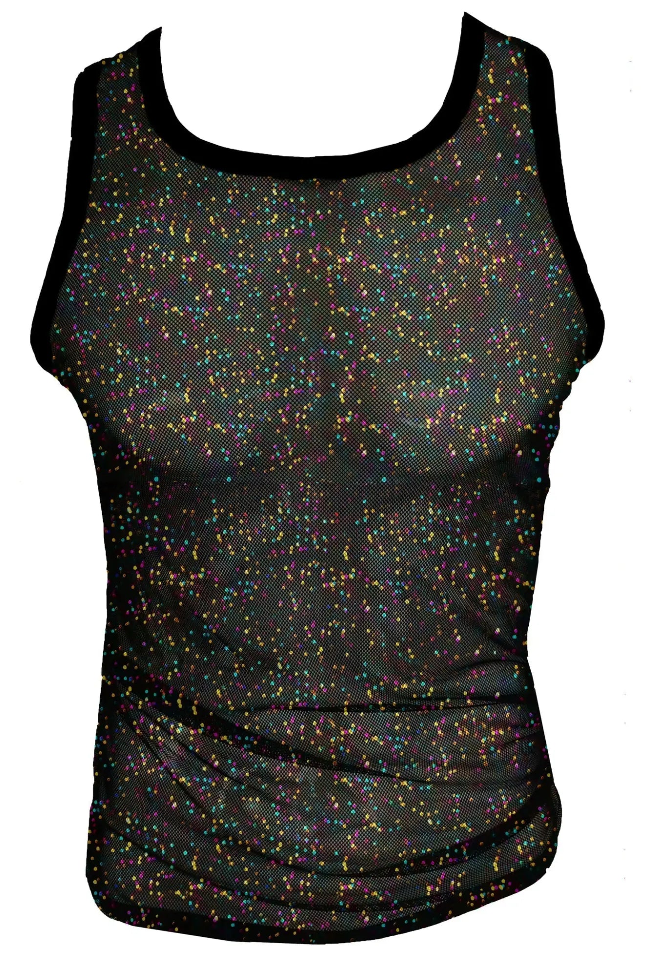 Black mesh glitter mesh tank top with iridescent multicolored speckles and solid black trim