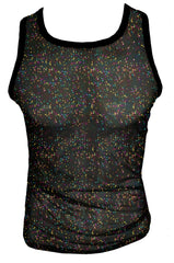 Black mesh glitter mesh tank top with iridescent multicolored speckles and solid black trim