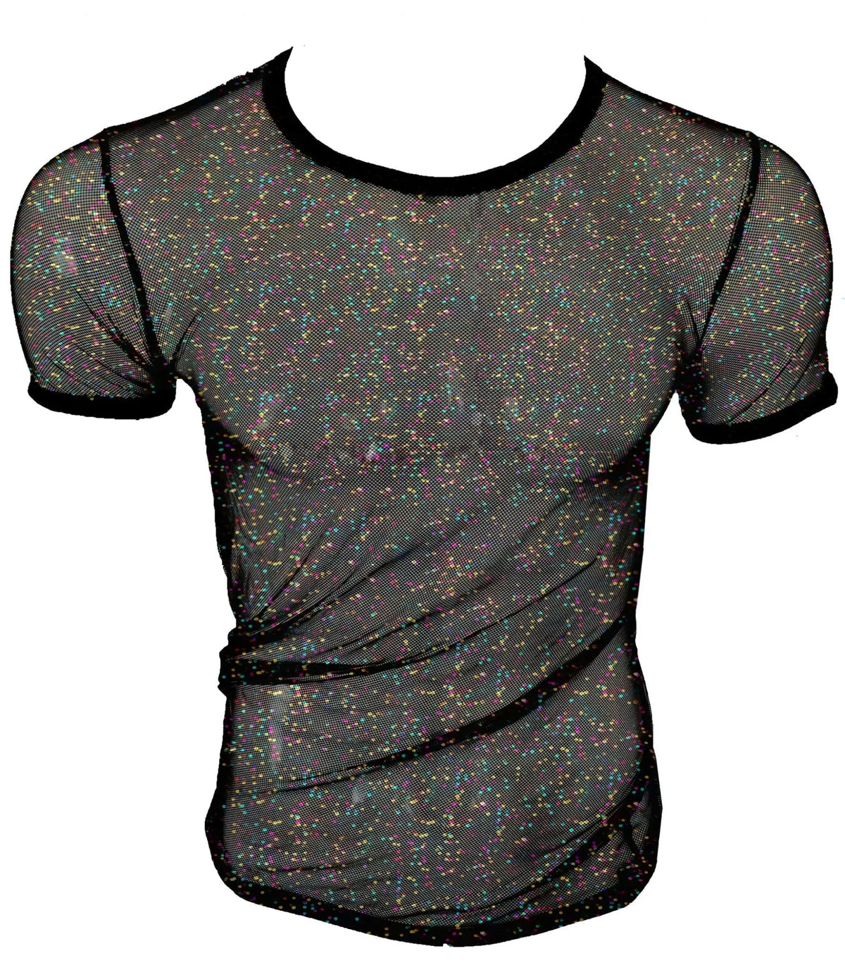 Black mesh t-shirt with iridescent glitter speckles and solid black trim called glitter mesh tee