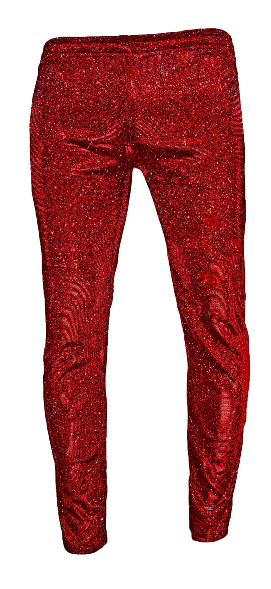 Red glitter pants with shiny sparkly texture featuring glittery fabric ideal for festive and party wear