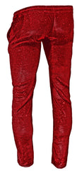 Red sequined glitter pants joggers with a snug fit and elastic waistband for stylish comfort