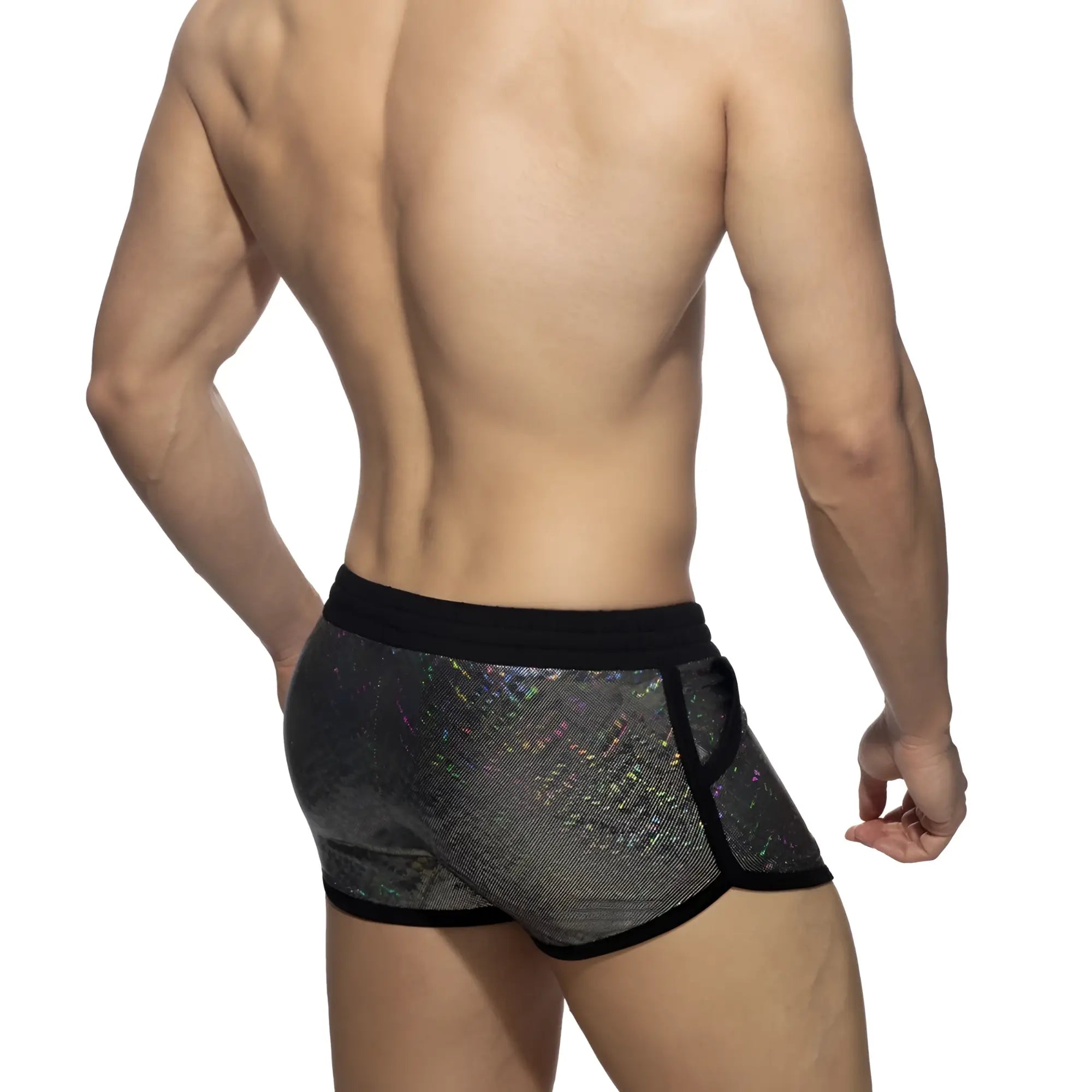 Black and silver holographic glitter shorts with mesh design perfect for stylish and breathable wear