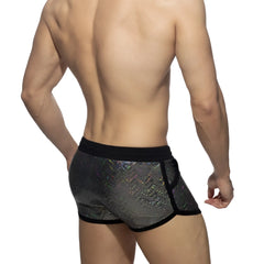 Black and silver holographic glitter shorts with mesh design perfect for stylish and breathable wear