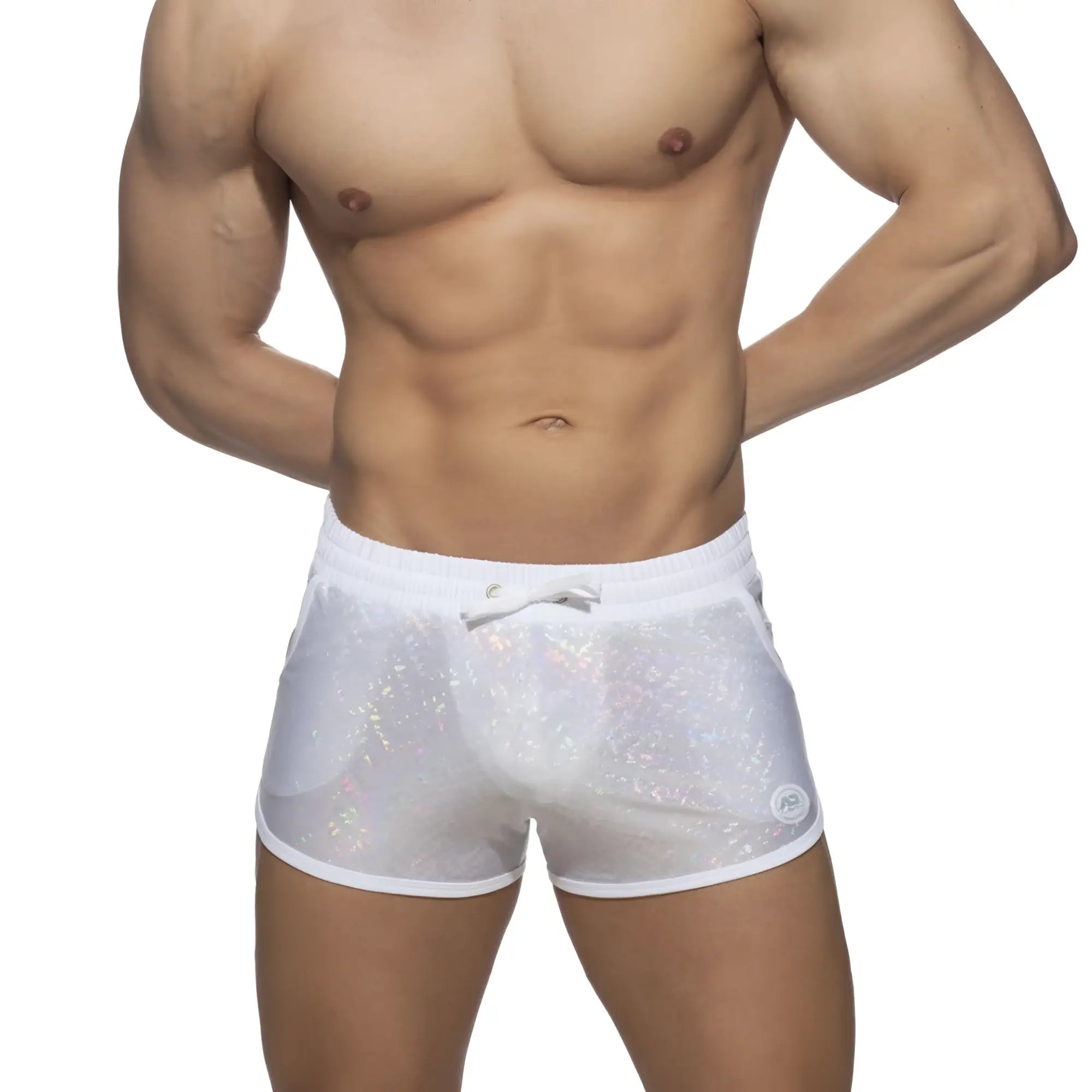 White sheer glitter short with holographic shimmer finish and white elastic waistband front view