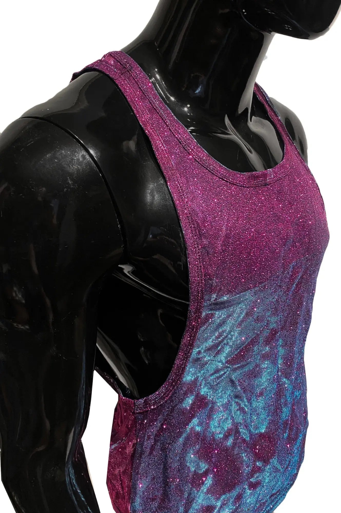Glitter string tank shimmering gradient tank top with pink to blue tie-dye pattern and sparkling glitter finish