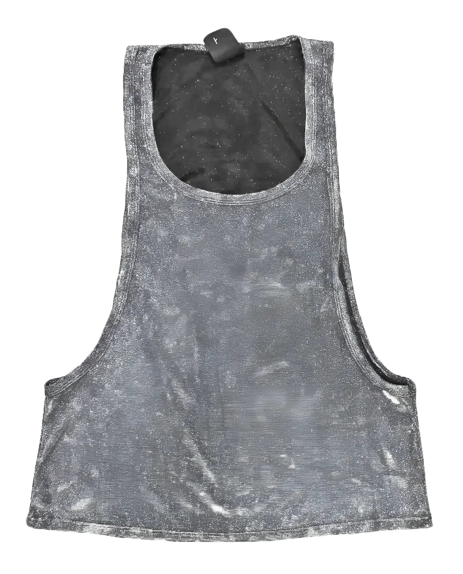 Gray metallic glitter string tank top with distressed finish and black interior lining for stylish casual wear