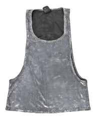 Gray metallic glitter string tank top with distressed finish and black interior lining for stylish casual wear