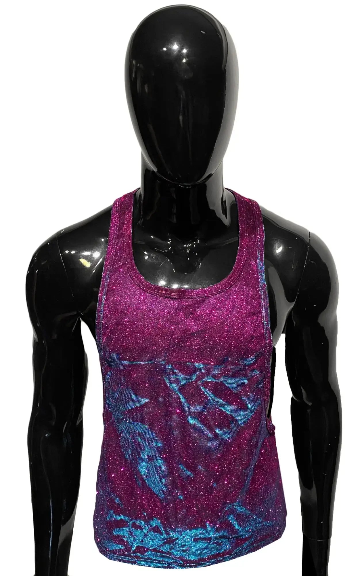 Glitter string tank shimmering magenta and blue gradient tank top with glittery textured fabric
