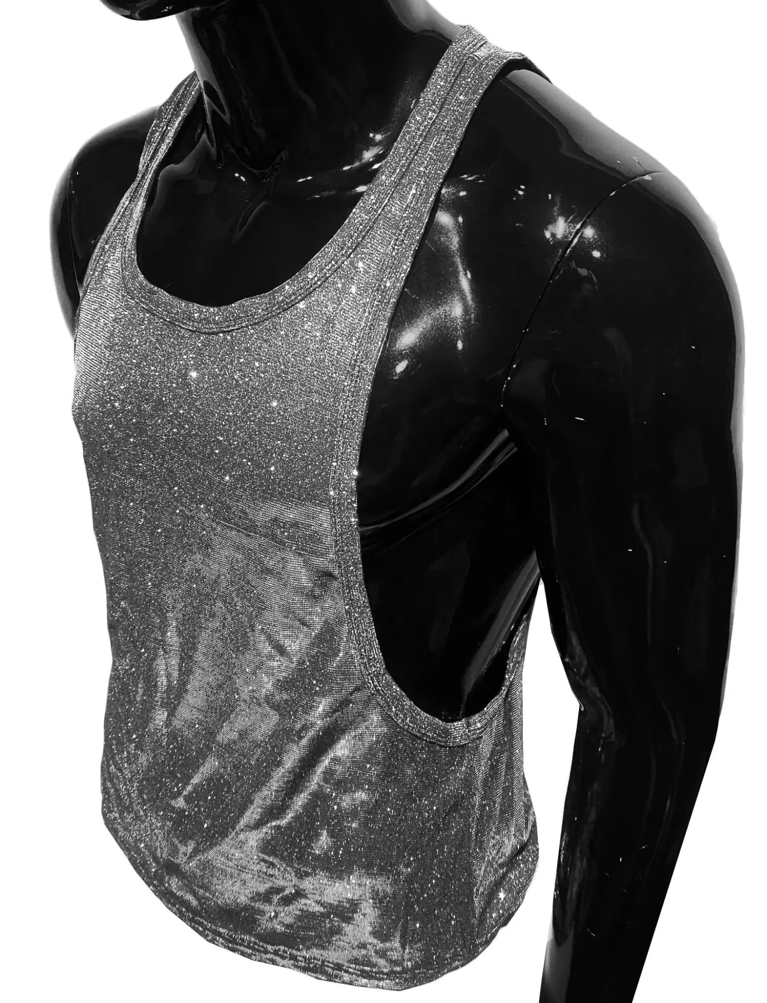 Shiny silver glitter string tank top with a cutout side panel showcasing a stylish sleeveless design