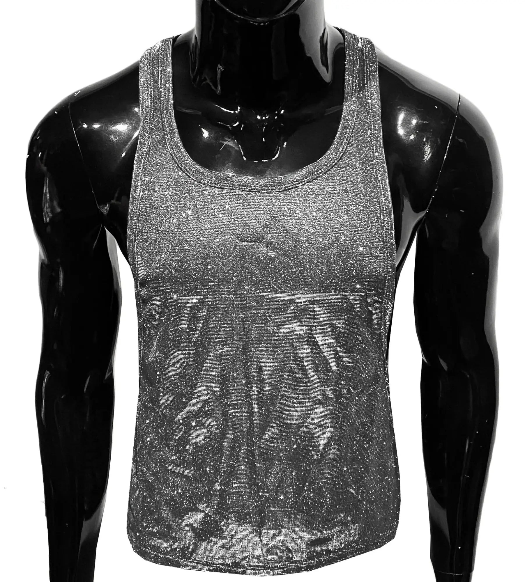 Shiny silver sequined tank top with subtle gradient effect glitter string tank for stylish casual wear