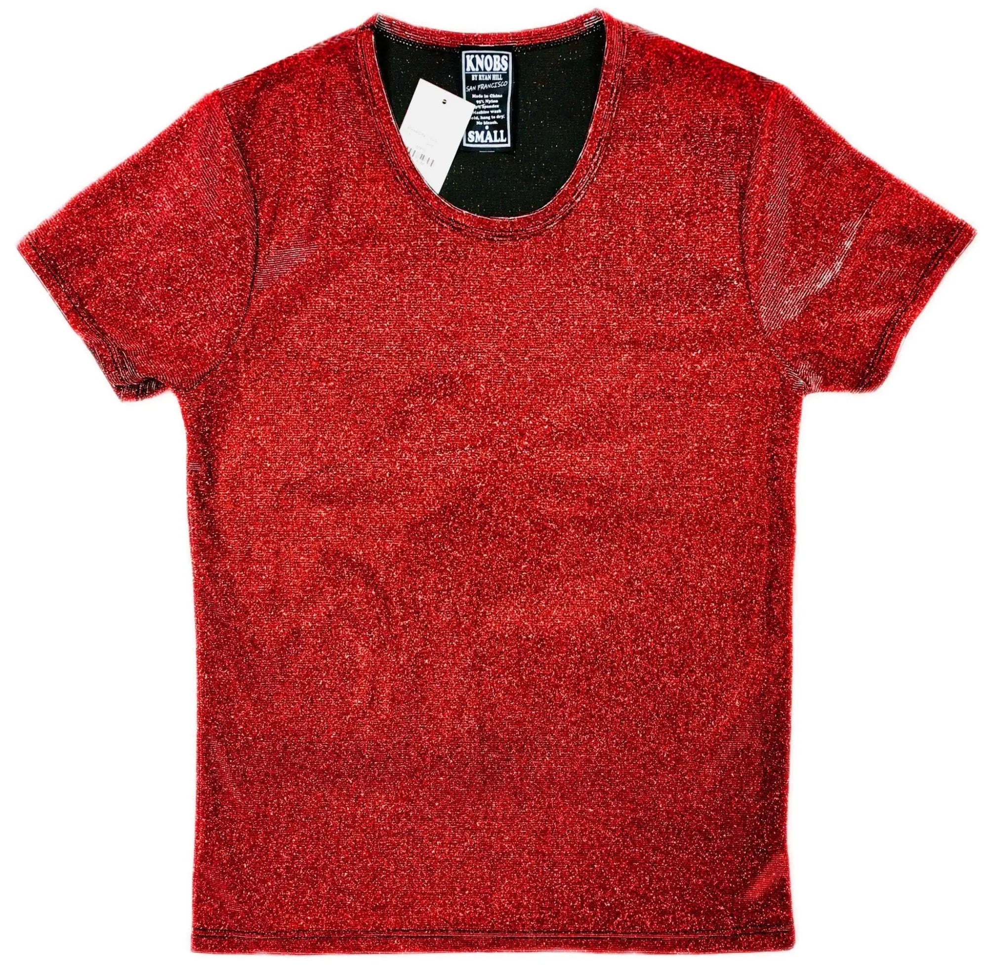 Red glittery short-sleeved tee with black inner collar and knobs brand tag perfect for festive casual wear