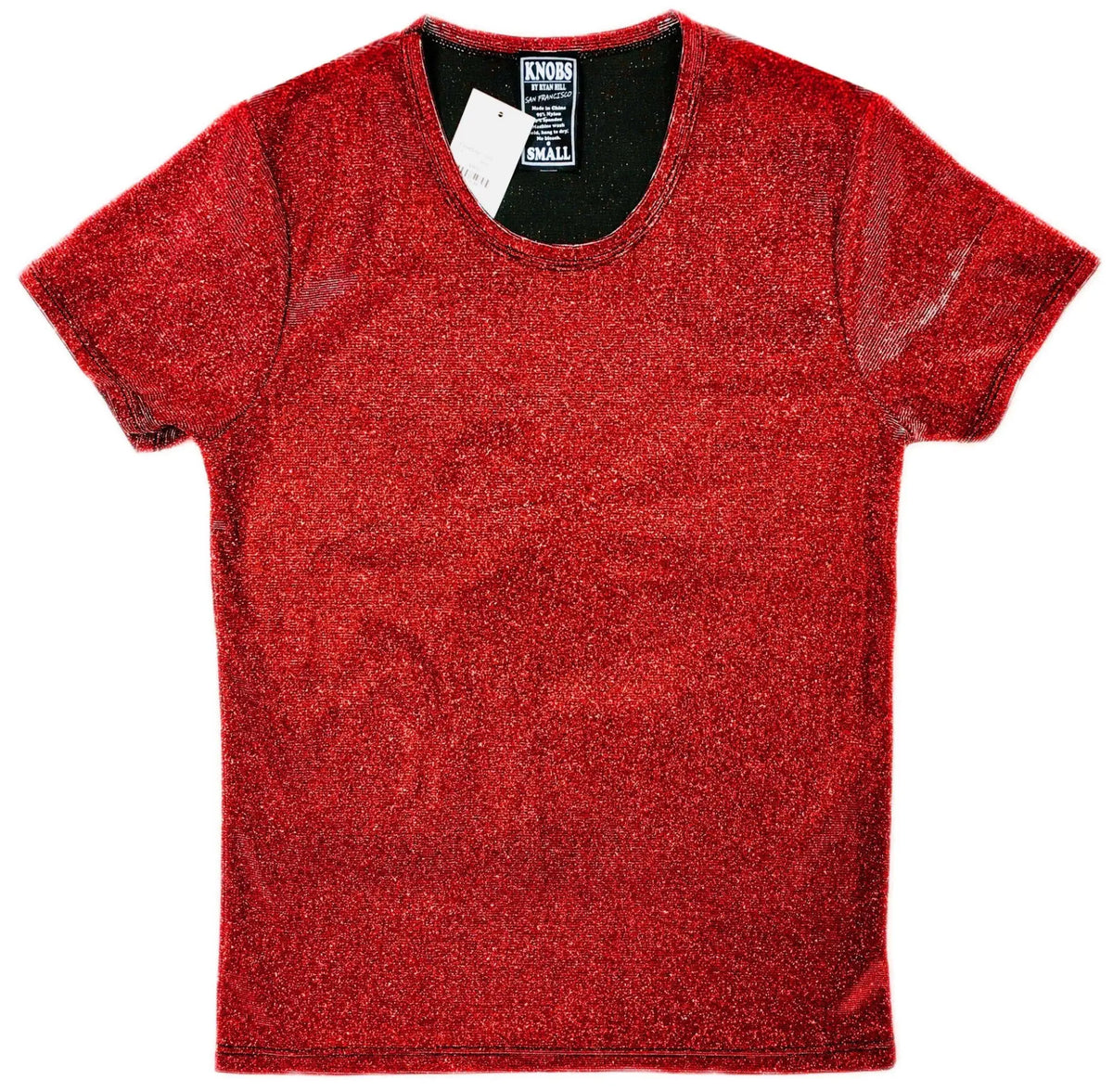 Red glittery short-sleeved tee with black inner collar and knobs brand tag perfect for festive casual wear