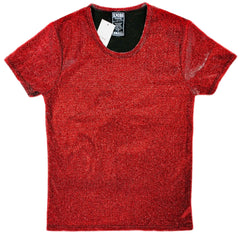 Red glittery short-sleeved tee with black inner collar and knobs brand tag perfect for festive casual wear