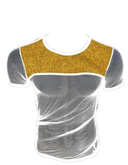 Glitter trim fine mesh tee featuring a shimmering gold glitter panel and sheer gray mesh fabric on short sleeves