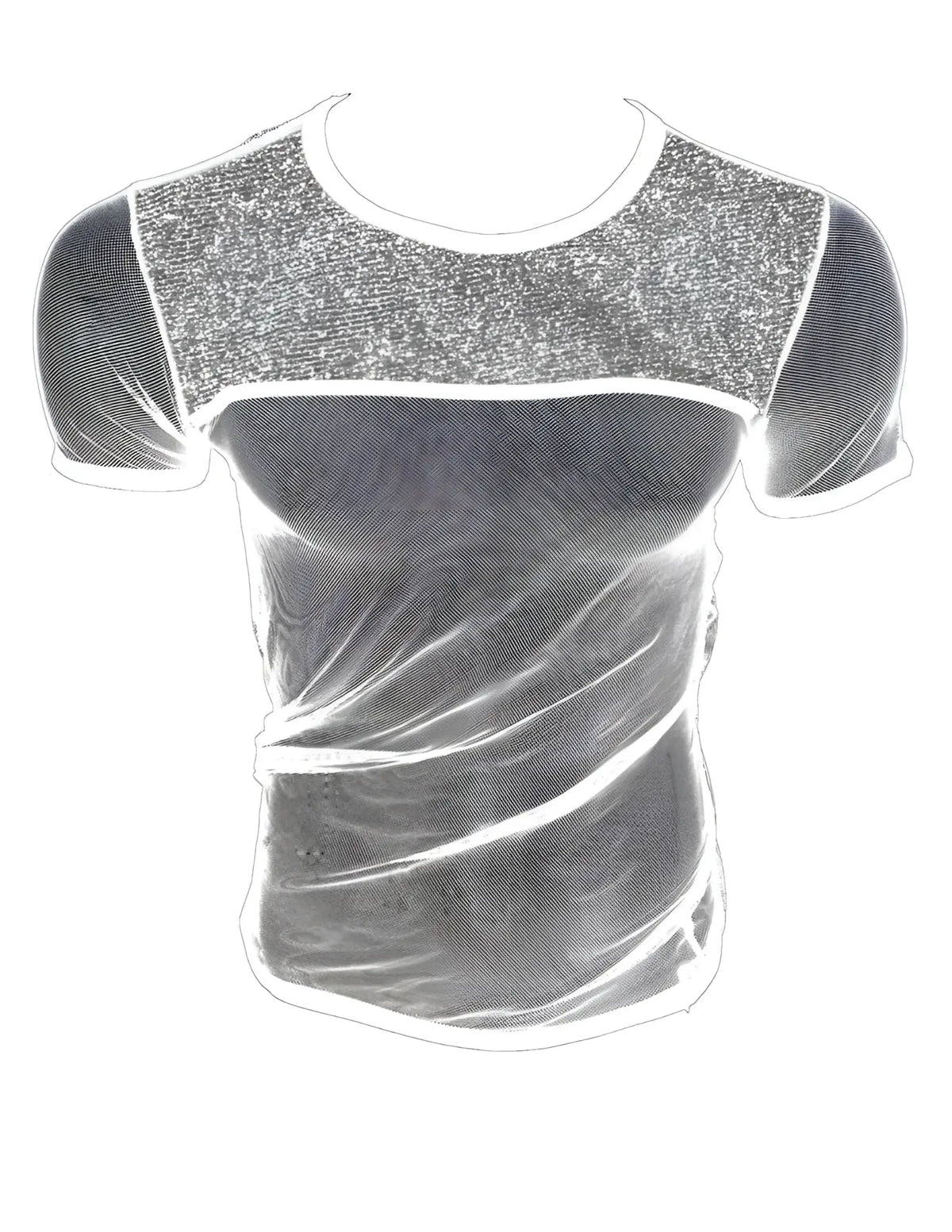 A shimmering silver sequined fine mesh tee with a sleek form-fitting design called glitter trim fine mesh tee