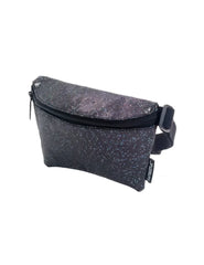 Black glittery ultra slim fanny pack with zipper closure and adjustable strap for hands-free carrying