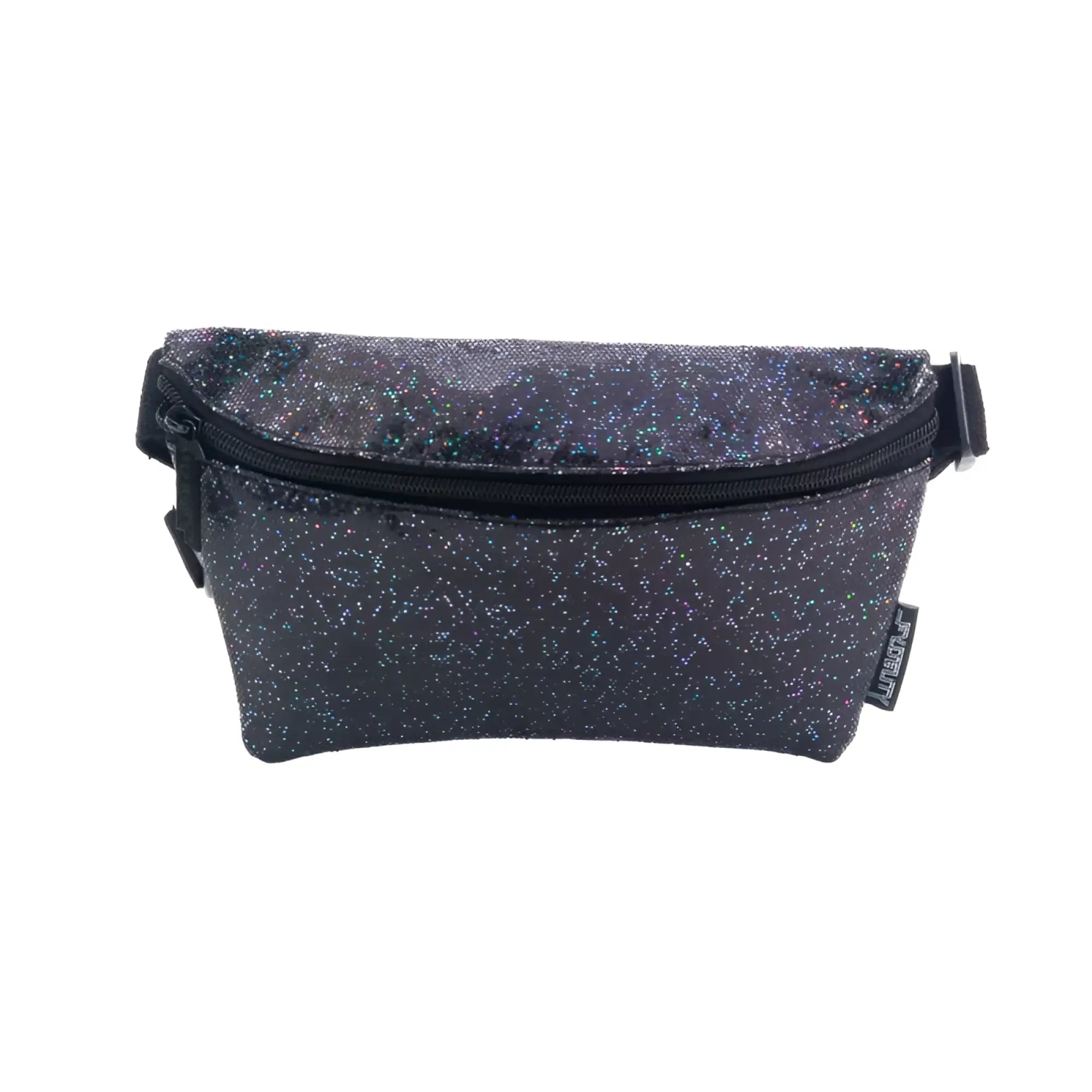 Black glitter ultra slim fanny pack with subtle iridescent sheen and black zipper for stylish hands-free storage